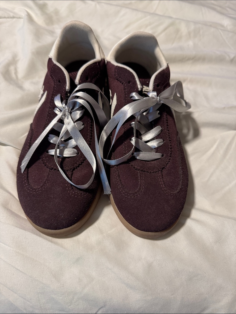 Converse Women's Burgundy Suede Sneakers with Silver Ribbon Laces